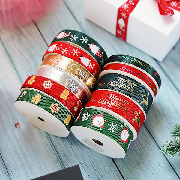 10 jaardia 10~25 mm joulunauha painettu grosgrain-nauha, sopii lahjojen paketointiin, häiden koristeluun, hiusten tee-se-itse-projekteihin