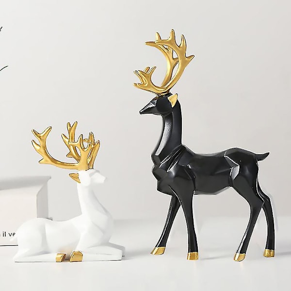 2 stk. Sort og hvid hjortestatue med siddende og stående stilling, resin dyreornament til stue TV