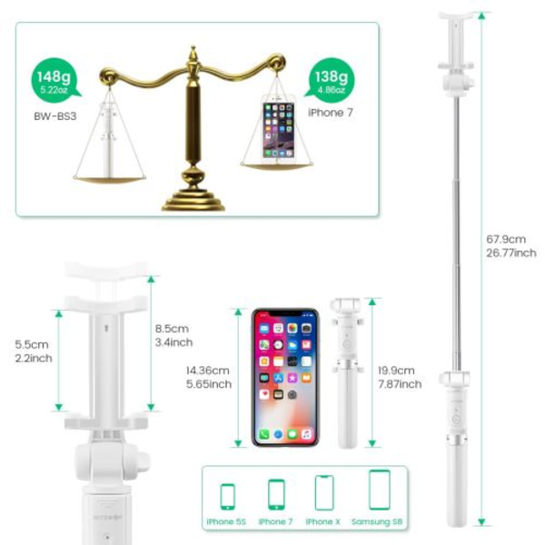 BlitzWolf BW-BS3 Selfie Stick med 3 i 1 Bluetooth Fjernbetjening