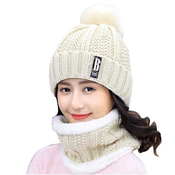 Dam Vinter Varm Hatt Halsduk Set Plus Sammet Stickad Ull Pompom Mössor Julklappar White