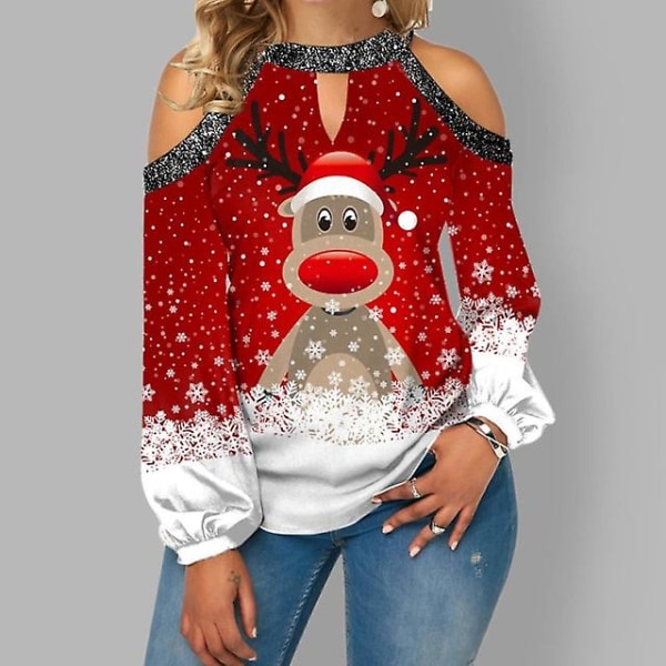 Dam Jul Älgtryck T-shirt Casual Off Shoulder Lös Pullover Toppar Mode Lång Puffärm Dam Vinterkläder M