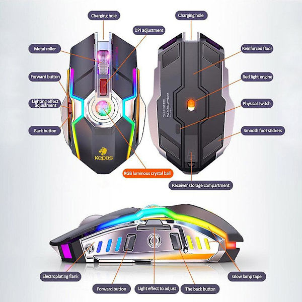 G80 Trådlös Gamingmus Uppladdningsbar Gamingmus Tyst Ergonomisk 7 Knappar RGB Bakgrundsbelyst 1600 DPI