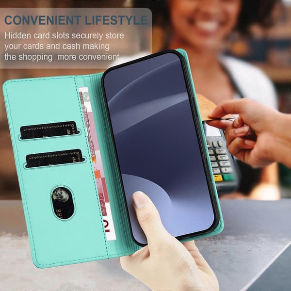 [LCS]Etui til iPhone 15, blødt PU-læder Folio Flip Kickstand Stødsikkert telefonetui - Mørkegrøn Mint Green