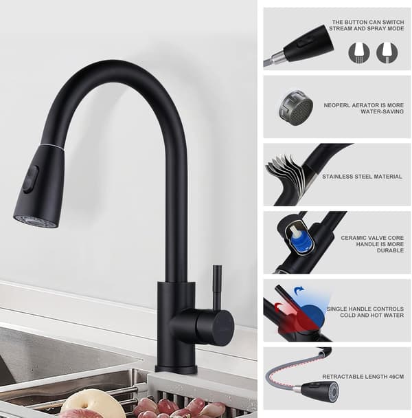 [LCS]Black kitchen faucet, mixer with pull-out spray head, two spray modes, high spout, corrosion resistant.