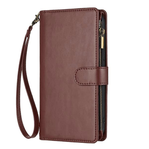 Kompatibelt med iPhone 15 plånboksfodral premium blixtlås stort utrymme flip PU-läderfodral Brown