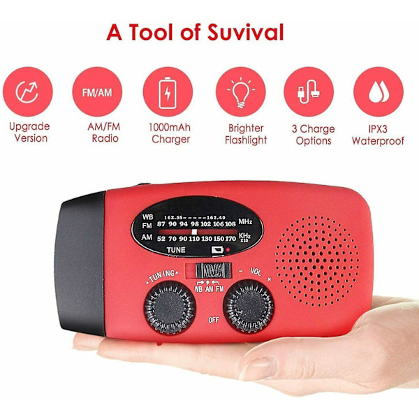 Hätätilakampi Itseviritteinen AM/FM NOAA Aurinkosääradio LED-taskulampulla, 1000mAh Virta