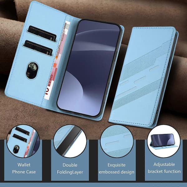 [LCS]Etui til iPhone 15, blødt PU-læder Folio Flip Kickstand Stødsikkert telefonetui - Mørkegrøn Light Blue