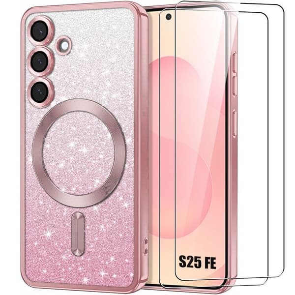 [LCS] Skyddsfodral - BOOLING - Samsung Galaxy S25 FE - Glittrande Rosa Magnetisk Ring - 2 Glas Rosa