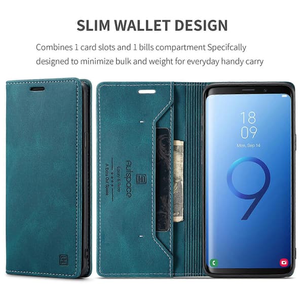 Kompatibelt plånboksfodral för Samsung Galaxy S9+ AUTSPACE A01 läderställ med RFID-kortshållare Blue