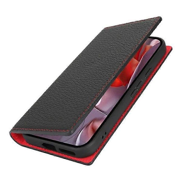 För Google Pixel 9a Plånboksfodral Äkta Kohud Telefonfodral Litchi Textur Black