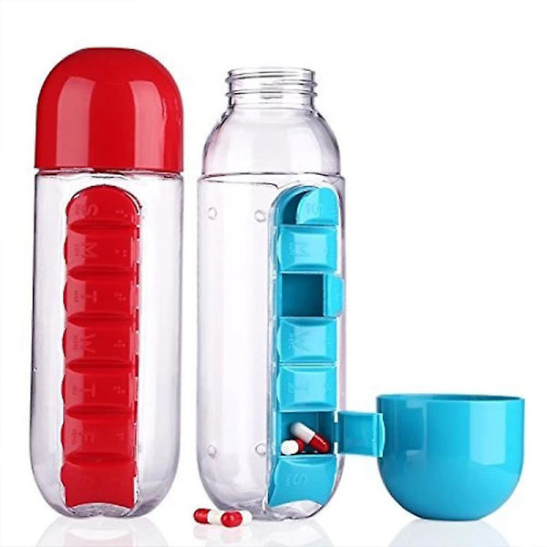 Pillerirasia ja juomapullo 600ml Ilmainen matka 7 päivän pillerikuppi 2-in-1 juomapullo pillerijärjestäjällä Red