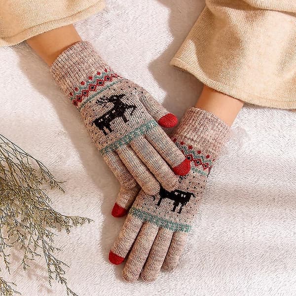 Stickade Tjocka Damhandskar Jul Ren Tryckt Mode Varma Höst Vinter Fullfingerhandskar Light Brown