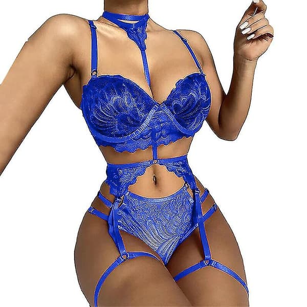 Sexy Dameundertøy med Stropper, Blonder og Strømpebånd Blue M