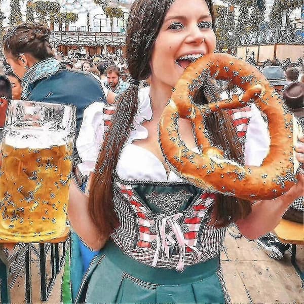 Traditionell bayersk dirndlklänning för kvinnor med blus och förkläde Gray Blue XXL