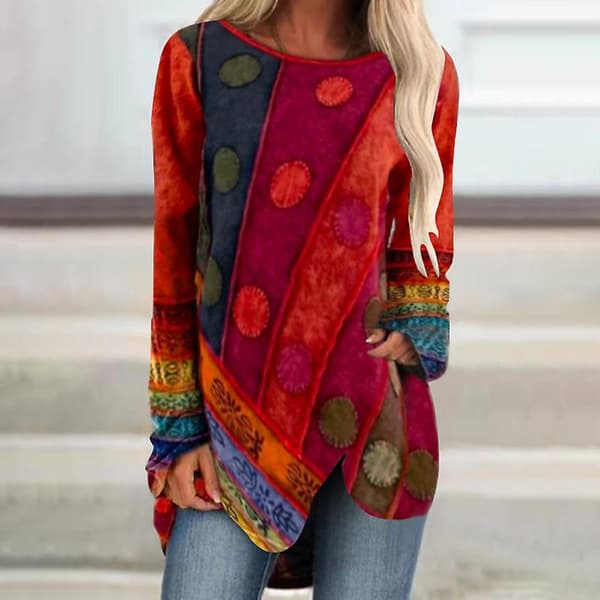 [LCS]Vintage Print Irregulær Top Kvinder Casual Langærmet Løs Oversize Pullover Rund Hals Top Efterår Red XL