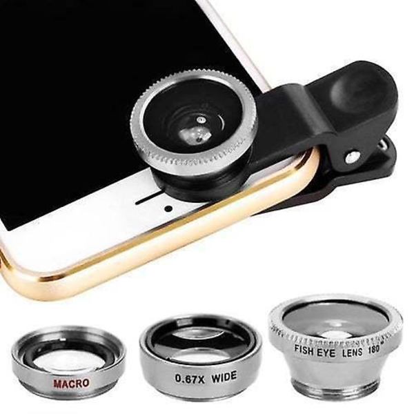Vidvinkel Kameralins Tre-i-ett Fisheye Clip-Lins För Mobiltelefon Silver