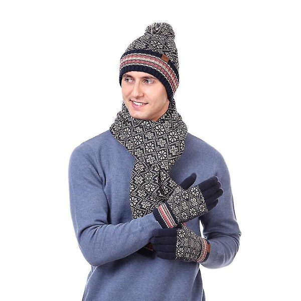 3st Unisex Pompom Beanie Hat Scarf Handskar Set Jacquard Plysch Fodrad Navy