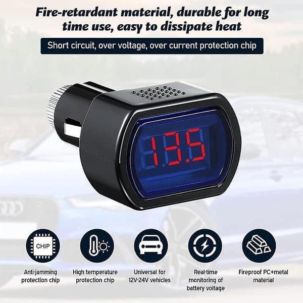 [LCS]Cigarettænder Voltmeter Bærbar LED Digital Display Volt Tester Elektrisk Spændingsmåler til Bil Køretøj Batterimonitor 8-30V Sort