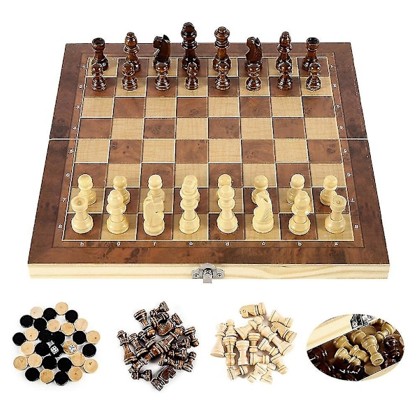 3 i 1 Schackset i Trä Backgammon Brädspel Damspel Pusselspel Hopfällbart Bräde 24x24cm