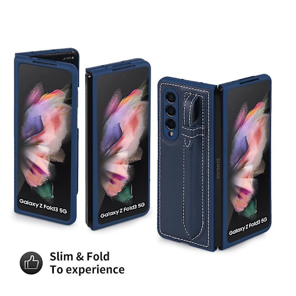 Läder Telefonfodral Kompatibelt med Galaxy Fold 3 5g Med S-pen Hållare Blue