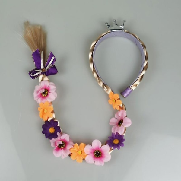 Rapunzel Hårband Huvudbonad för Barn med Blommor Flickor Baby Lång Peruk Fläta Prinsessa Rosett Hår Purple Crown