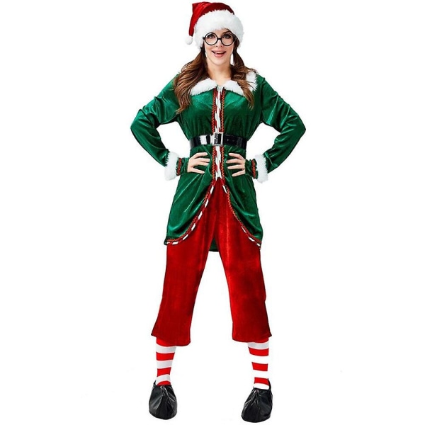 Deluxe 6st Kvinnors Juldräkt Cosplay Jultomte Uniform Dräkt För Vuxna Grön tomte Julfest Fancy Dress L