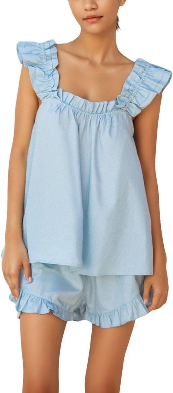 [LCS]en Kvinders Sommer 2-delt Sæt Mode Flæsekant Cami og Afslappede Shorts Sæt Bomulds Pyjamas Sæt Blå Medium