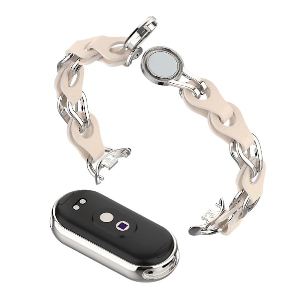 För Xiaomi Smart Band 8 Magnetiskt Armband Äkta Läder+Kedjearmband i Aluminiumlegering Starlight
