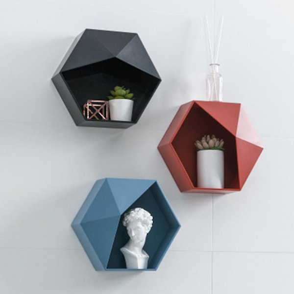 Geometrisk sekskantet opbevaringshylde nordisk vægbeslag flydende hylde display stand potteholder Blue