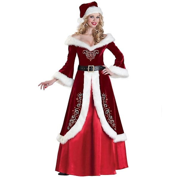 Kvinde Julemand Cosplay Kostume Rød Deluxe Fløjl Fancy Julekjole Sæt Voksen Kvinder Julefest Kostume L