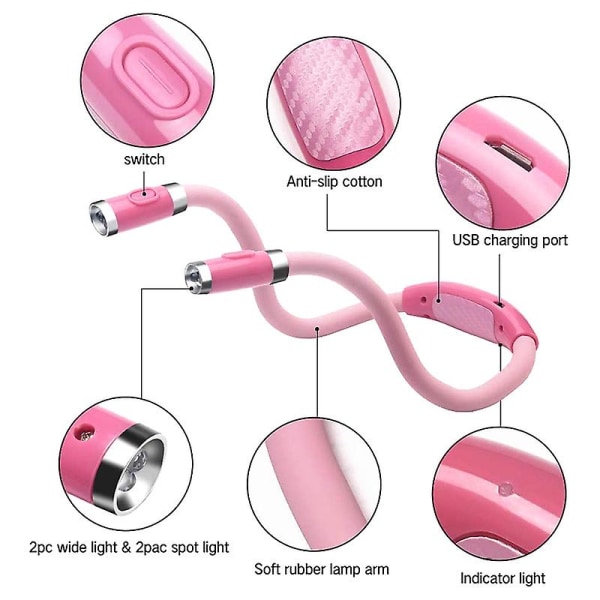 Led Book Light USB Uppladdningsbar läslampa Hands Free för utomhushem Pink