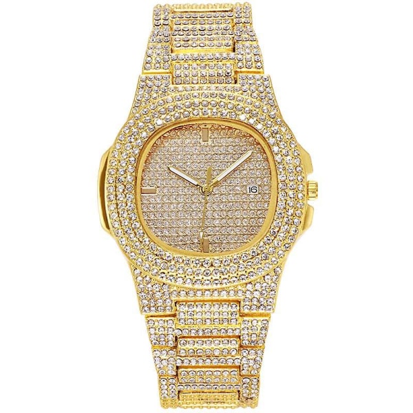 Unisex lyxiga armband i rostfritt stål med full diamant affärsklockor Gold