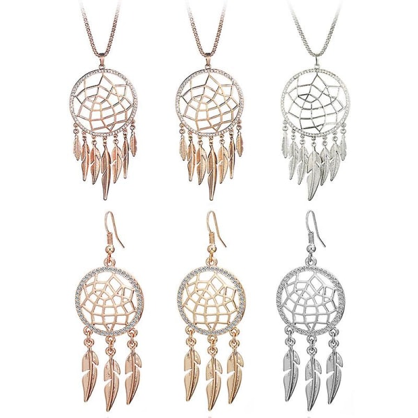 Lång Halsband med Tofsar, Löv och Fjädrar, Örhängen, Ihåliga Smycken, Drömfångare Hängsmycke Halsband för Kvinnor Rose Gold Necklace