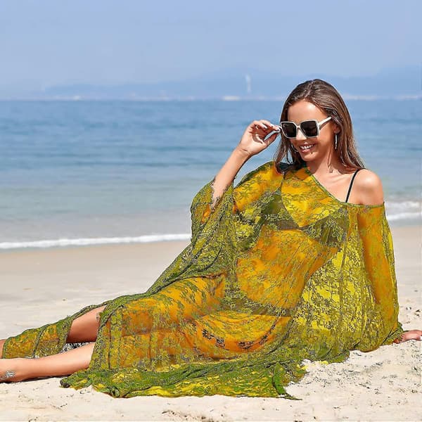 [LCS] Strandöverdrag Boho Spetskimono Plus Size Bikini Robe Baddräkt för kvinnor Solid-MXBC Army Green