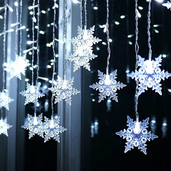96 LED Snöflinga Ljusslinga Gardin Fönster 8 Lägen Juldekoration White EU