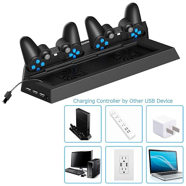 PS4 Vertikalt Ställ med Kylfläkt Dubbel Kontroll Laddare Dockningsstation 3 USB-Portar Hub För Sony Playstation 4