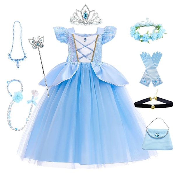 Askunge-dräkt för barn födelsedagsfest balklänning prinsesskjol med blå spets Halloween-uppträdandekläder A 3T(Size 110 ) A01