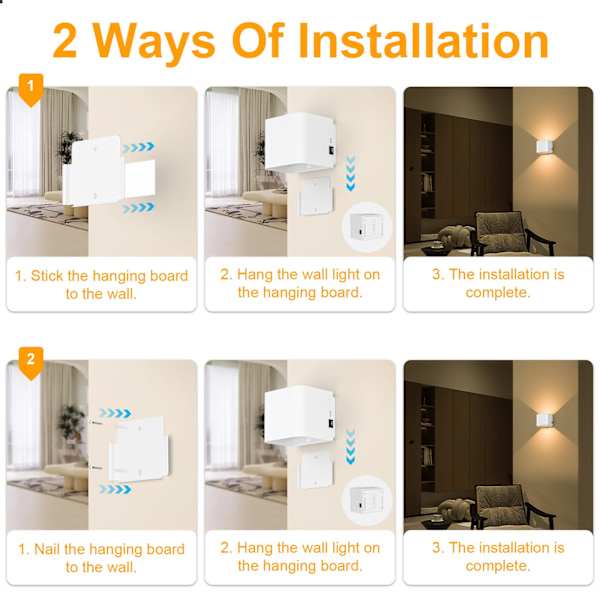 [LCS] Indoor Wall Lamp, 2 Pack, Wall Lamp with Motion Sensor, Rechargeable LED, 3000K Warm White Light, Wireless, Adjustable Beam Angle (White)