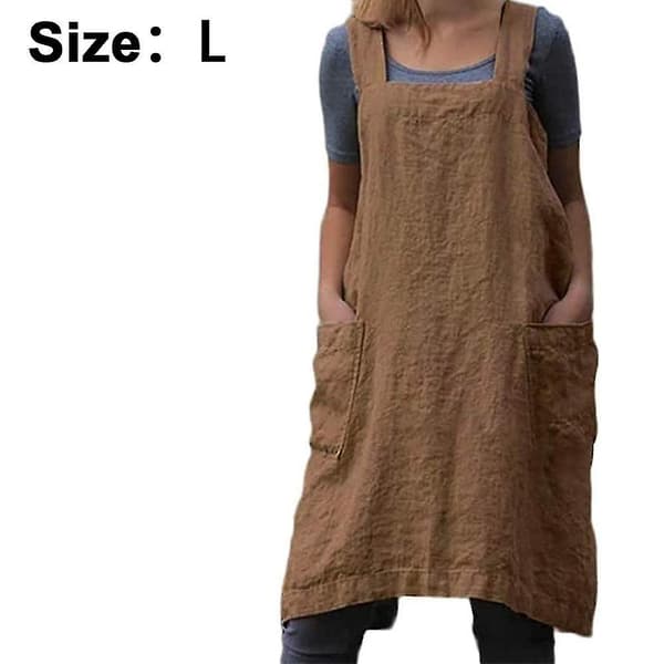 Bomull Lin Forkle Kryss Rygg Forkle For Kvinner Med Lommer Kittelkjole For Baking Matlaging Khaki L