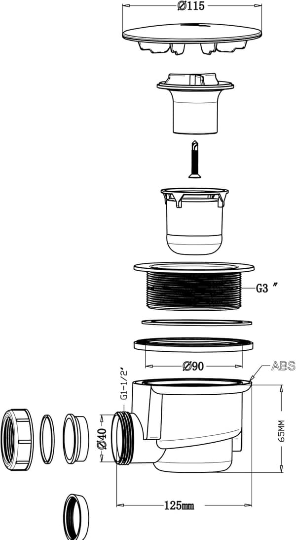 [LCS] Duschavlopp med vattenlås för duschkar med avloppshålsdiameter 90 mm, flexibel slang