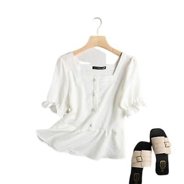 Enfärgad kortärmad kort skjorta med fyrkantig krage och volanger White L