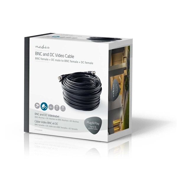 Nedis CCTV-kamerakabel | BNC / DC | 20,0 m | Rund | PVC | Svart | Presentförpackning 1488