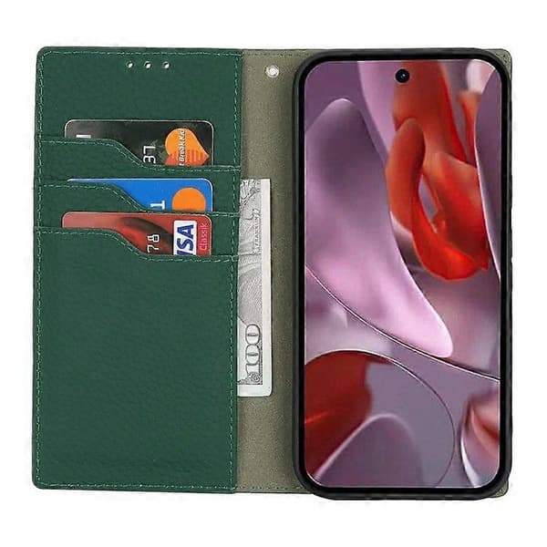 För Google Pixel 9a Plånboksfodral Äkta Kohud Telefonfodral Litchi Textur Green
