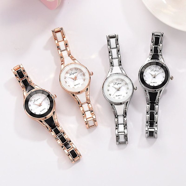 Dam Quartz Klocka Armband Set Med Tunt Legeringsband Glänsande Armband Med Ask Rose Gold Black