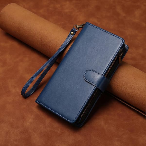 Kompatibelt med iPhone 15 plånboksfodral premium blixtlås stort utrymme flip PU-läderfodral Blue