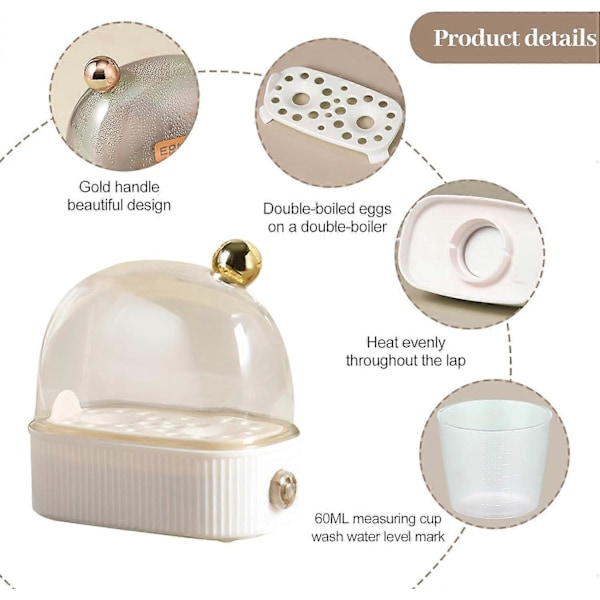 Elektrisk eggekoker, mini elektrisk steamer for kokte egg, hurtigoppvarmende eggekoker med timer-avstenging, kjøkkenutstyr tilbehør Withe