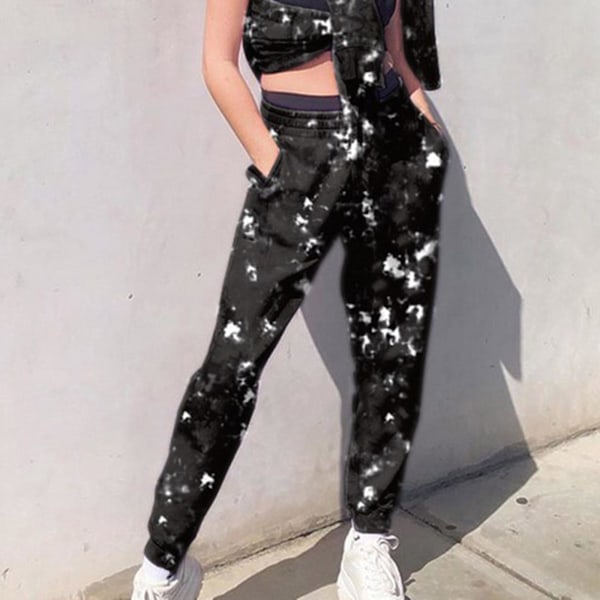 Dam Tie Dye Mjukisbyxor Casual Hög Midja Byxor Med Elastiskt Band Baggy Streetwear Green M