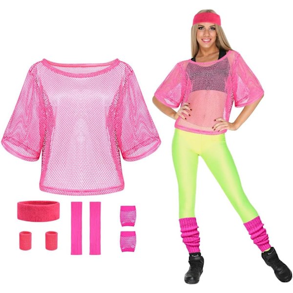 80-luvun Neon Party -vaatteet ja asusteet, 1980-luvun Retro-teemajuhlat Naisille ja Tytöille - Rose Red Set - Rose Red One size