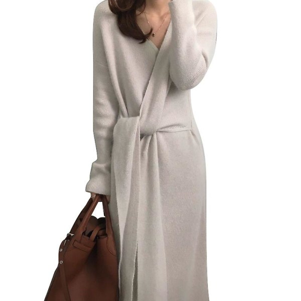 Bältad Cashmere Sweater Dress Kvinnor Mode Office Lady V Kneck Långärmad Stickad Klänning White