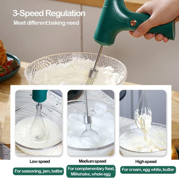 [LCS] Electric Hand Whisk, USB Rechargeable, Egg Beater with 2 Detachable Whisks with 3 Speed Modes Green